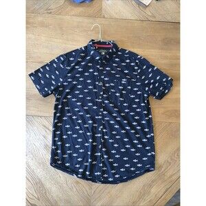 Cactus Mens Wear Tan Sharks On Black Button Up Short Sleeve Shirt SZ(L) Large